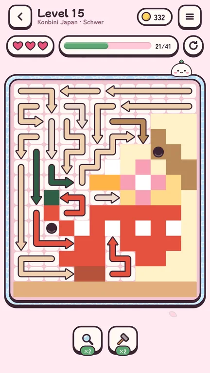 Ein Level im Spiel: Pfeile auf dem Brett, darunter erscheint ein Pixelbild