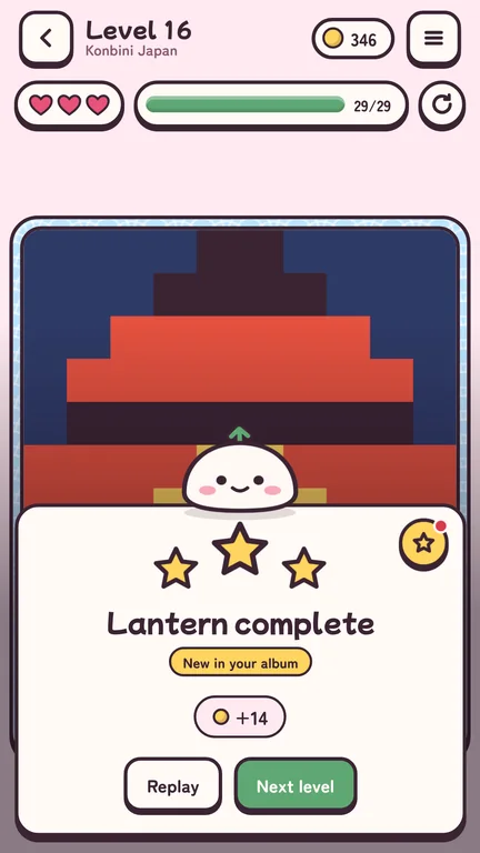 Level complete: a pixel lantern is revealed and earns three stars