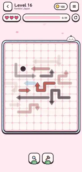 Gameplay: arrows slide off the board one by one, a pixel lantern appears and the level is won with three stars